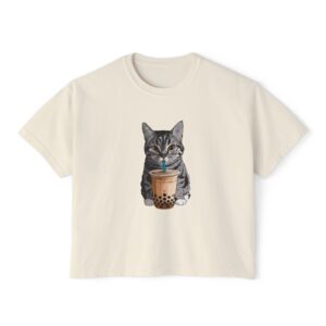 Cute Cat Boba Tea Women's Boxy Tee - Fun & Cozy Top for Cat Lovers